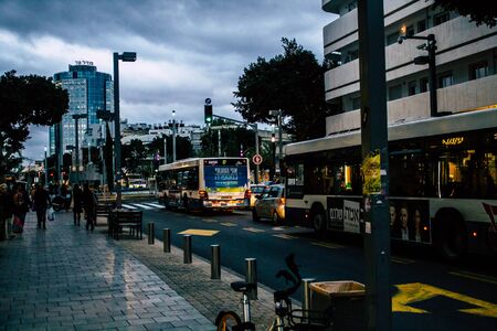 Tel Aviv Israel February 09, 2020 View of a traditional Israeli public city bus rolling in the streets of Tel Avivの写真素材
