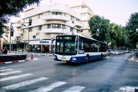 Tel Aviv Israel November 14, 2019 View of traditional Israeli public city bus rolling in the streets...