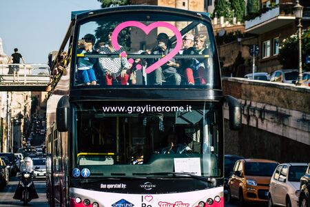 Rome Italy September 29, 2019 View of a tourist bus rolling through the streets of Rome in the...