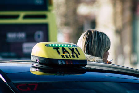 Reims France November 25, 2019 View of a taxi parked in the streets of Reims in the afternoon