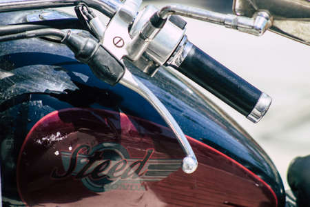 Limassol Cyprus May 10, 2020 Closeup of a Honda VLX motorcycle parked in the streets of Limassol in...
