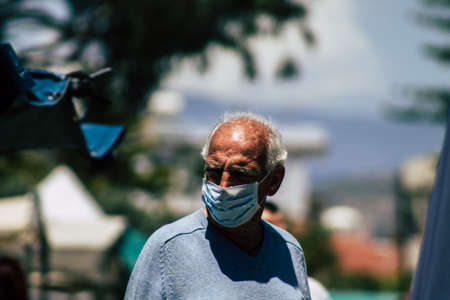 Limassol Cyprus May 09, 2020 View of an unidentified people with a face mask to protect themselves from the coronavirus shopping in the Limassol market in the morningのeditorial素材