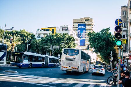 Tel Aviv Israel September 05, 2019 View of a traditional public transport bus in the city of Tel Aviv in the afternoonの写真素材