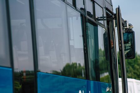 Rome Italy September 15, 2019 View of blue public buses parked at the bus stand in Rome in the...