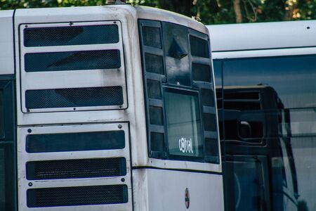 Rome Italy September 15, 2019 View of blue public buses parked at the bus stand in Rome in the morningの写真素材
