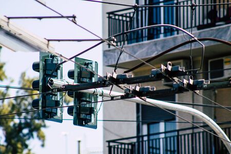 Athens Greece September 5, 2019 Closeup of the electric bus system in the streets of Athens in the eveningの写真素材