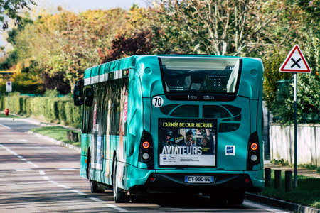 Reims France November 4, 2019 View of a local bus rolling in the streets of Reims in the afternoonのeditorial素材