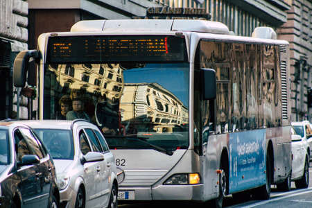 Rome Italy September 29, 2019 View of a public bus rolling through the streets of Rome in the morningのeditorial素材