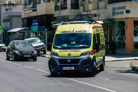 Limassol Cyprus May 14, 2020 View of a traditional Cypriot ambulance rolling in the streets of...