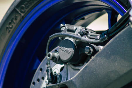 Limassol Cyprus May 14, 2020 Closeup of a motorcycle parked in the streets of Limassol in Cyprus...