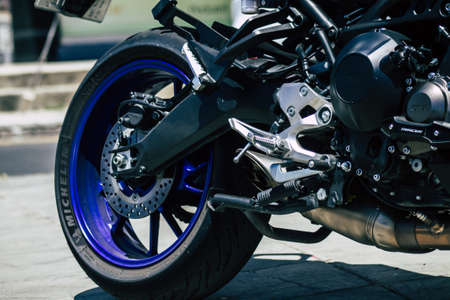 Limassol Cyprus May 14, 2020 Closeup of a motorcycle parked in the streets of Limassol in Cyprus...