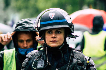 Paris France May 11, 2019 Portrait of a riot squad of the French National Police in intervention...