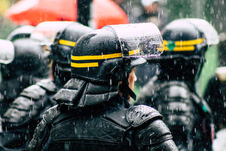 Paris France May 11, 2019 Portrait of a riot squad of the French National Police in intervention during protests of the Yellow Jackets against the policy of President Macron in Paris on saturday afternoonのeditorial素材