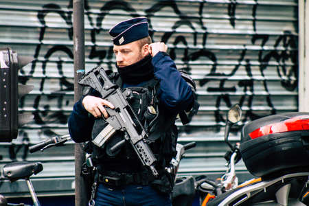 Paris France May 11, 2019 Portrait of a riot squad of the French National Police in intervention during protests of the Yellow Jackets against the policy of President Macron in Paris on saturday afternoonのeditorial素材