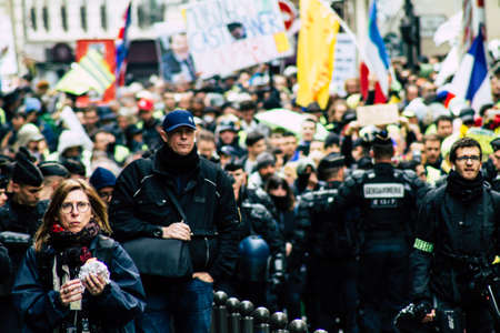 Paris France May 04, 2019 View of a riot squad of the French National Gendarmerie in intervention during protests of the Yellow Jackets against the policy of President Macron in Paris on saturday afternoonのeditorial素材