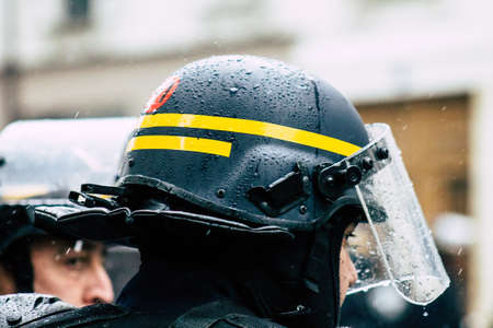 Paris France May 11, 2019 Portrait of a riot squad of the French National Police in intervention during protests of the Yellow Jackets against the policy of President Macron in Paris on saturday afternoonのeditorial素材
