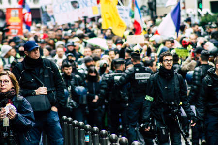 Paris France May 04, 2019 View of a riot squad of the French National Gendarmerie in intervention during protests of the Yellow Jackets against the policy of President Macron in Paris on saturday afternoonのeditorial素材