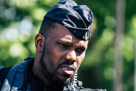 Paris France May 11, 2019 Portrait of a riot squad of the French National Police in intervention during protests of the Yellow Jackets against the policy of President Macron in Paris on saturday afternoonのeditorial素材