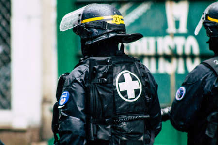 Paris France May 11, 2019 Portrait of a riot squad of the French National Police in intervention during protests of the Yellow Jackets against the policy of President Macron in Paris on saturday afternoonのeditorial素材