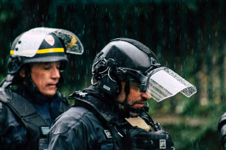 Paris France May 11, 2019 Portrait of a riot squad of the French National Police in intervention during protests of the Yellow Jackets against the policy of President Macron in Paris on saturday afternoonのeditorial素材