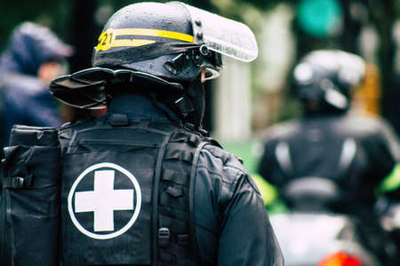 Paris France May 11, 2019 Portrait of a riot squad of the French National Police in intervention during protests of the Yellow Jackets against the policy of President Macron in Paris on saturday afternoonのeditorial素材