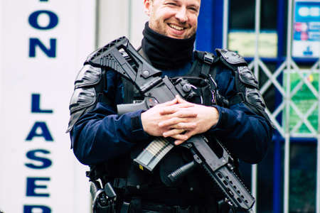 Paris France May 11, 2019 Portrait of a riot squad of the French National Police in intervention during protests of the Yellow Jackets against the policy of President Macron in Paris on saturday afternoonのeditorial素材