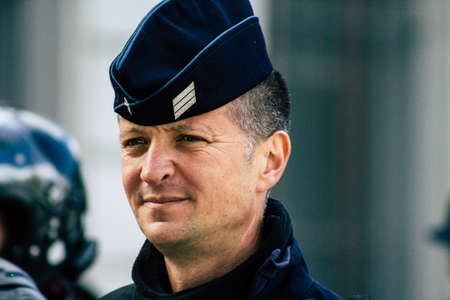 Paris France May 11, 2019 Portrait of a riot squad of the French National Police in intervention during protests of the Yellow Jackets against the policy of President Macron in Paris on saturday afternoonのeditorial素材