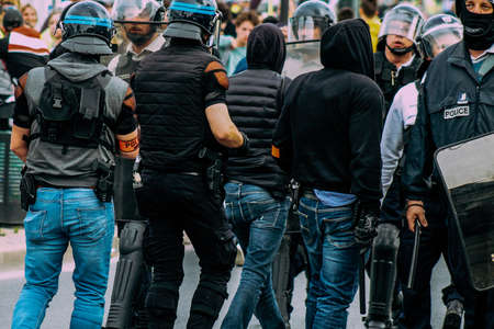 Reims France May 18, 2019 View of the French National Police squad intervening in the streets of Reims during the riots in the afternoonのeditorial素材