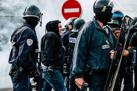 Reims France May 18, 2019 View of the French National Police squad intervening in the streets of...