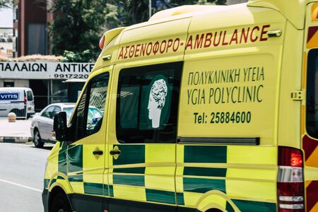 Limassol Cyprus May 21, 2020 View of a traditional Cypriot ambulance rolling in the streets of...