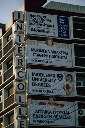 Limassol Cyprus May 21, 2020 View of a commercial sign in the streets of Limassol in Cyprus island