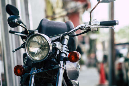 Limassol Cyprus May 21, 2020 Closeup of a motorcycle parked in the streets of Limassol in Cyprus...