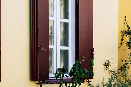 Athens Greece September 12, 2019 Closeup of a window on a facade of a house in the Plaka...