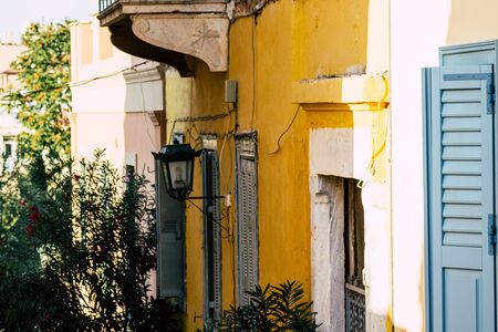 Athens Greece September 4, 2019 View of colorful facade of a building in the Plaka neighborhood in the late afternoonの写真素材