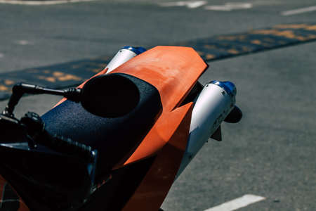 Limassol Cyprus May 24, 2020 Closeup of a KTM motorcycle parked in the streets of Limassol in Cyprus...