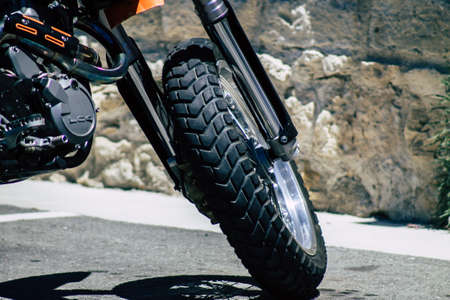 Limassol Cyprus May 24, 2020 Closeup of a KTM motorcycle parked in the streets of Limassol in Cyprus...