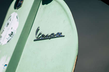 Limassol Cyprus May 24, 2020 Closeup of an old Vespa scooter parked in the streets of Limassol in...