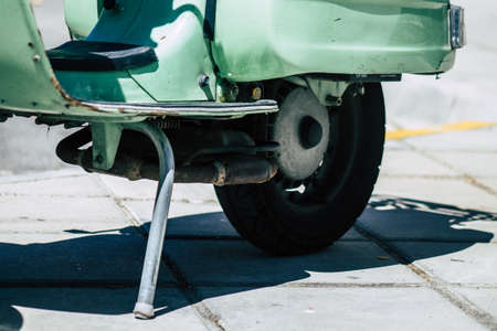 Limassol Cyprus May 24, 2020 Closeup of an old Vespa scooter parked in the streets of Limassol in...