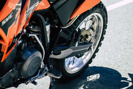 Limassol Cyprus May 24, 2020 Closeup of a KTM motorcycle parked in the streets of Limassol in Cyprus...