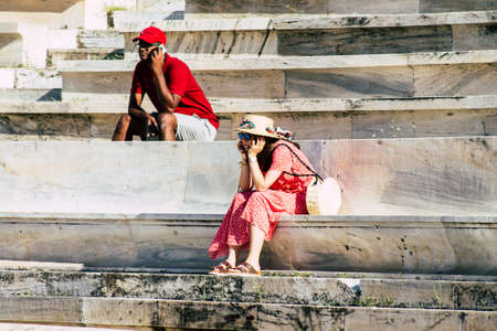 Athens Greece September 2, 2019 View of unknowns tourist visiting the Panathenaic Stadium or Kallimarmaro, it is the only stadium in the world built entirely of marbleのeditorial素材
