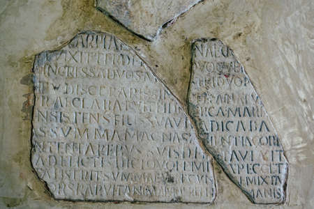 Sutri Italy September 27, 2019 Closeup of archaeological decorative remains of ancient Rome in the...