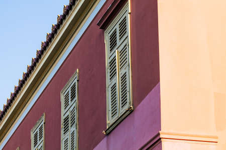 Athens Greece September 4, 2019 View of colorful window on a facade of a building in the Plaka neighborhood in the late afternoonのeditorial素材
