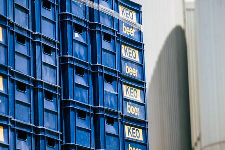 Limassol Cyprus May 26, 2020 View of boxes of Keo beer at the brewery of Limassol in Cyprus island