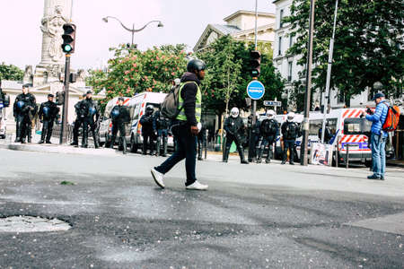 Paris France May 04, 2019 View of press journalist covering protests of the Yellow Jackets against the policy of President Macron in Paris on saturday afternoonのeditorial素材