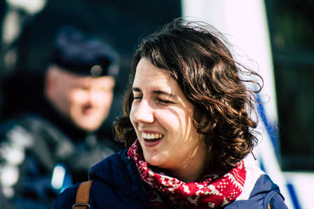 Paris France May 11, 2019 View of press journalist covering protests of the Yellow Jackets against the policy of President Macron in Paris on saturday afternoonのeditorial素材