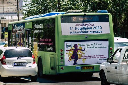 Limassol Cyprus June 01, 2020 View of a traditional Cypriot public bus rolling in the streets of in the streets of Limassol in Cyprus islandの写真素材