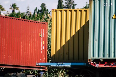 Limassol Cyprus June 03, 2020 View of metal shipping container with suitable strength to withstand storage and handling located near the port of Limassol in Cyprusの写真素材