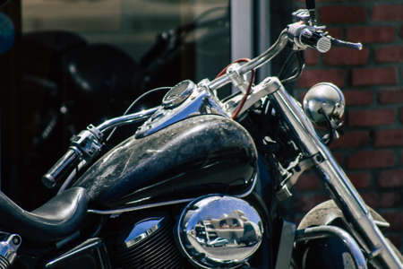 Limassol Cyprus May 06, 2020 Closeup of a motorcycle parked in the streets of Limassol in Cyprus...