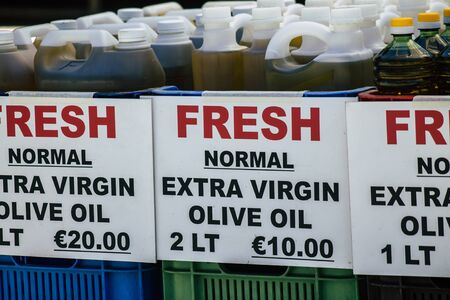 View of fresh extra virgin olive oil sold at the market of Limassol in Cyprus island