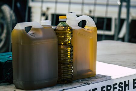 Limassol Cyprus June 06, 2020 View of fresh extra virgin olive oil sold at the market of Limassol in...